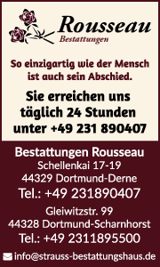Informatives Banner von Bestattungen Rousseau Dortmund mit Leistungen, Beratung und einfühlsamen Services für Abschied und Bestattung