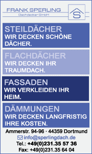 Banner Sperling Dachdecker Dortmund zeigt Kontaktdaten, Leistungen wie Dachwartung, Dachabdichtung, Steil- und Flachdachservice.