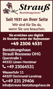 Banner des Bestattungshauses Strauß Rousseau OHG mit Kontaktdaten und Informationen zur Erdbestattung in Dortmund sowie weiteren Bestattungsleistungen.