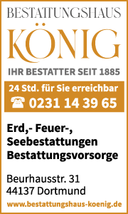 Werbebanner des Bestattungshaus König in Dortmund mit Kontaktdaten und Informationen zu Leistungen wie Erd-, Feuer- und Seebestattung, Trauerbegleitung und Vorsorge