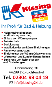 Kontaktbanner der Reinold Kissing GmbH in Dortmund mit Telefonnummer, E-Mail und Leistungen rund um Wärmepumpe, Heizung und Sanitär.