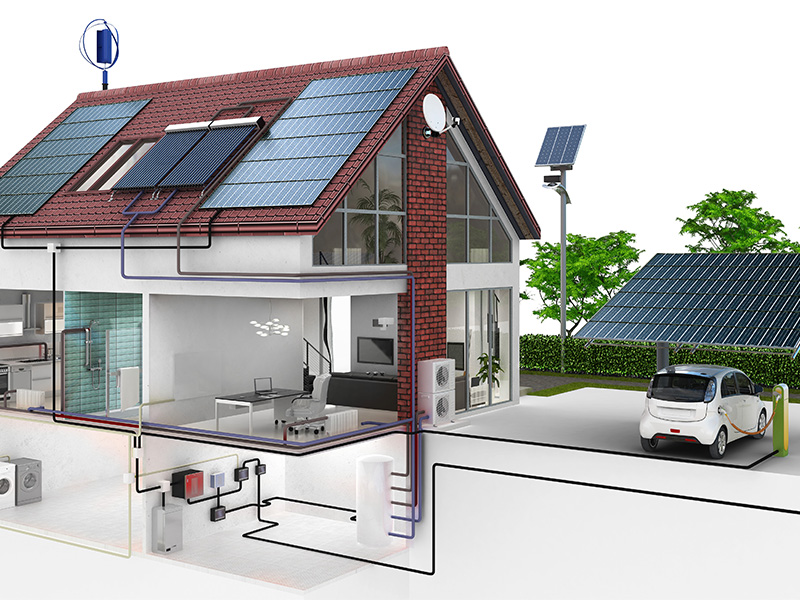 Einfamilienhaus mit erneuerbarer Energieversorgung, Solaranlage und Wärmespeicher, nachhaltige Heizungslösung für modernes Wohnen und Klimaschutz in Wohngebieten.